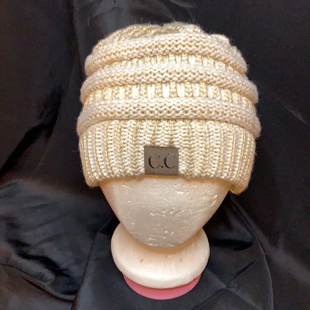 C.C. Womens beanie / Skully ivory and gold metallic cable knit hat